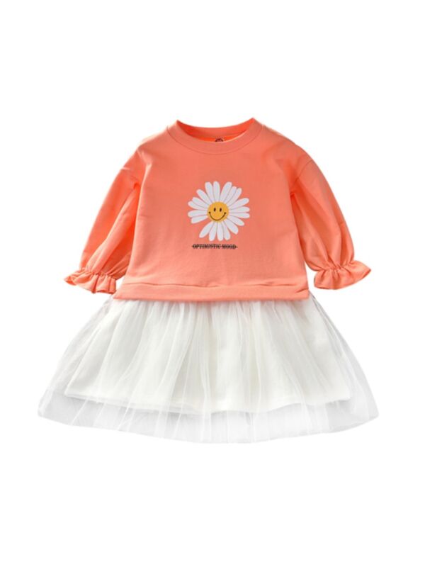 Kid Girl Daisy Flower Patchwork Mesh Dress