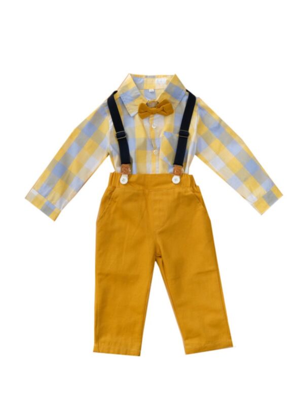 2 Pieces Infant Toddler Boy Gentleman Set Plaid Bowtie Shirt With Suspender Pants