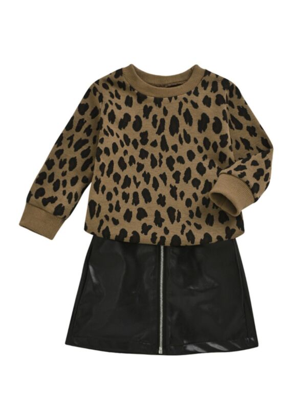 2 Pieces Kid Girl Set Leopard Sweater Matching PU Skirt