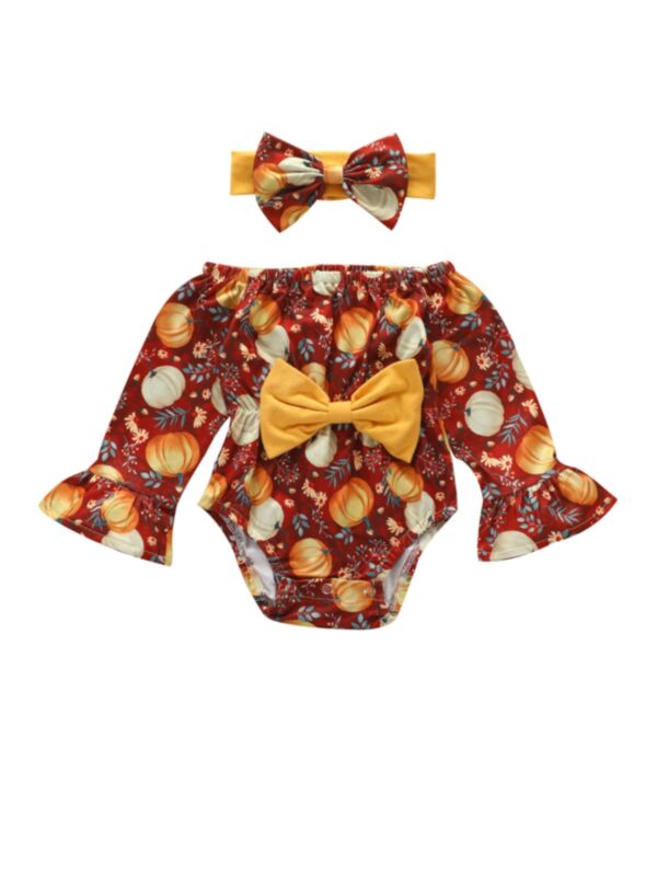 2 Pieces Baby Girl Halloween Pumpkin Off Shoulder Bodysuit With Headband