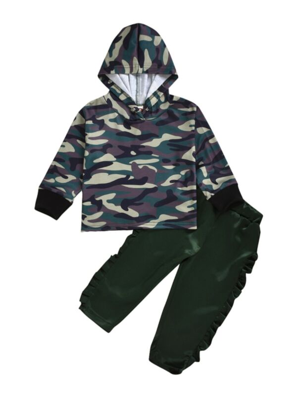 2 Pcs Kid Girl Camouflage Outfit Hoodie With Ruffle Trim Trousers