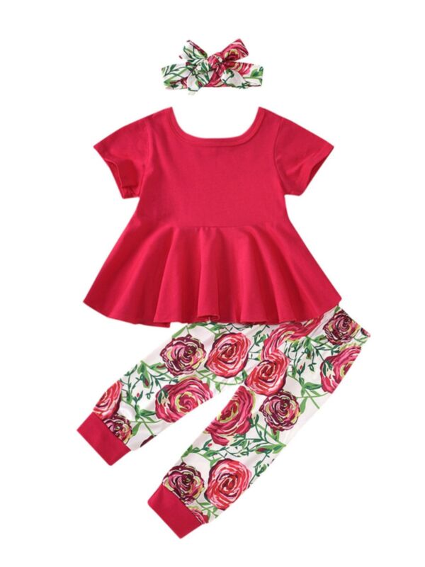 3 Pieces Infant Toddler Girl Plain Tunic Top & Floral Trousers & Headband