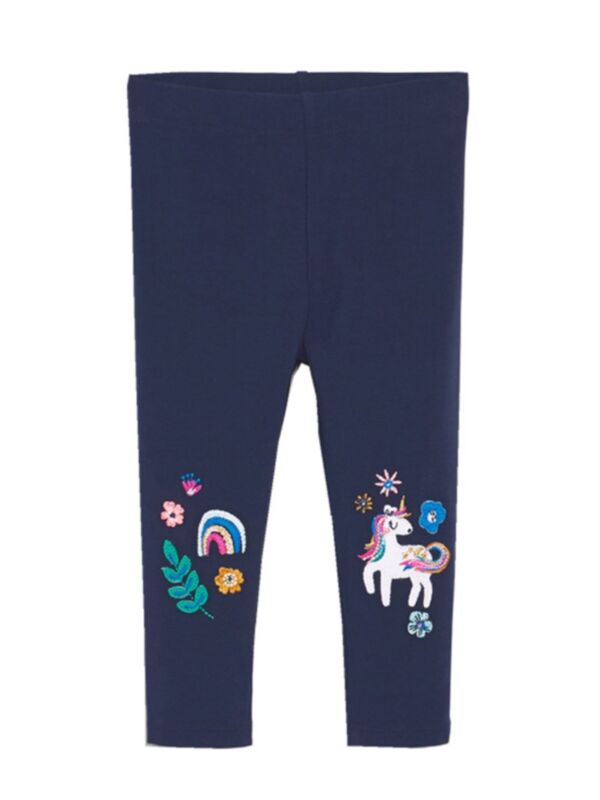 Kid Girl Embroidery Unicorn & Floral Trousers