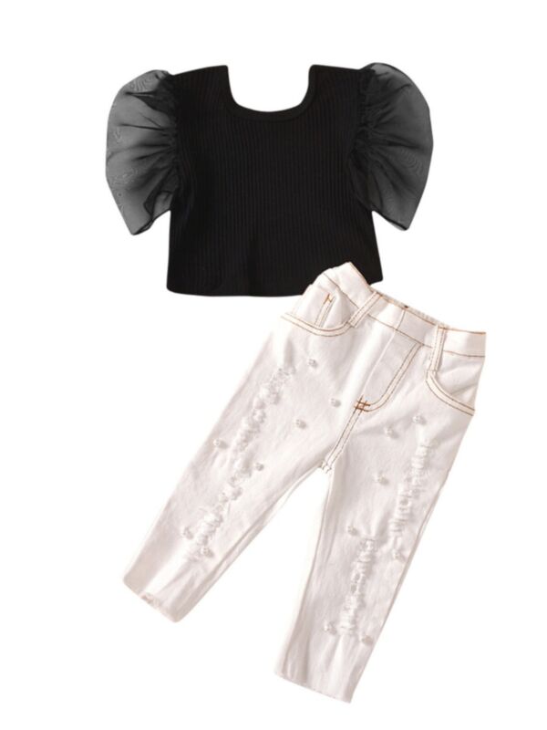 2 Pieces Kid Girl Set Mesh Puff Sleeve Top With Ripped Beaded Demin Pants