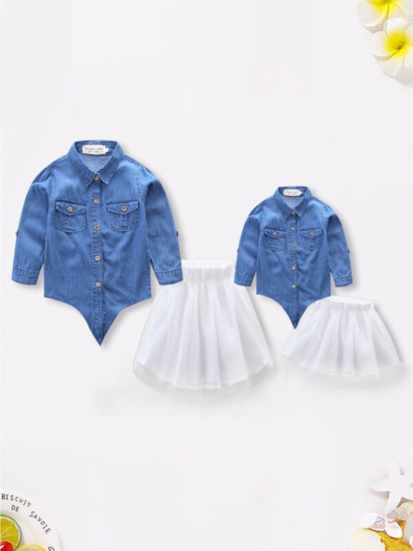 Mother And Daughter Denim Top Matching Mesh Skirt Set