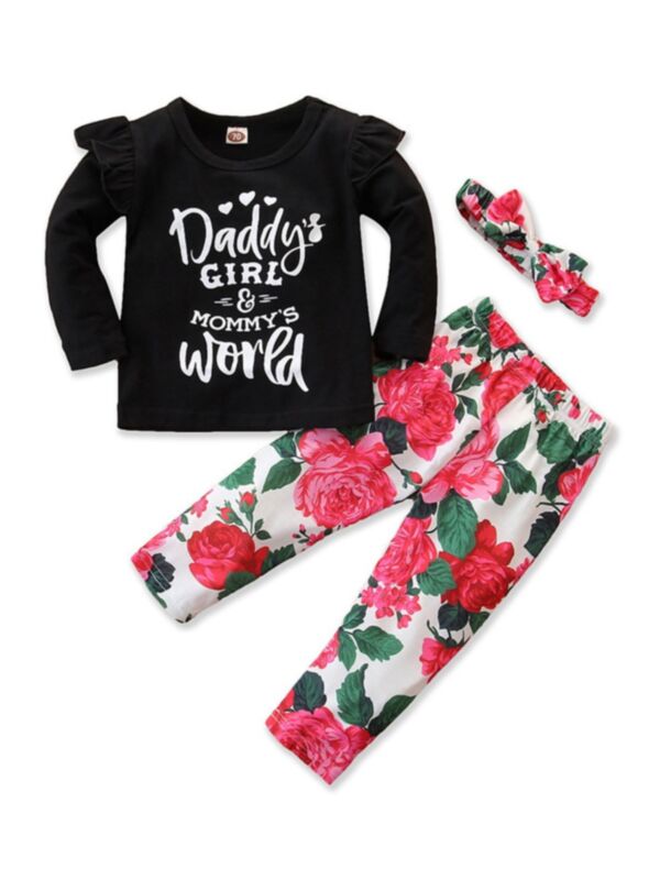 3 Pieces Daddy's Little Girl And Mother's World Baby Girl Floral Outfit Top & Pants & Headband