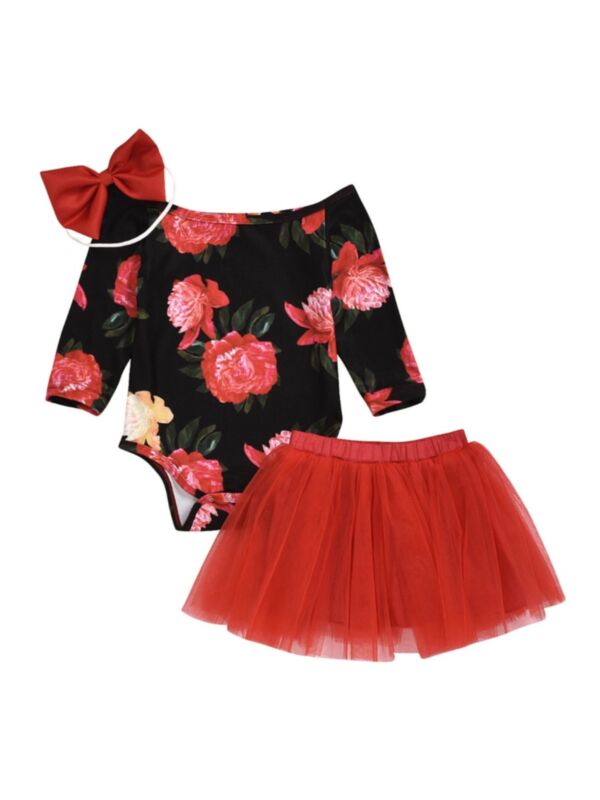 3 Pieces Baby Girl Floral Off Shoulder Bodysuit & Mesh Skirt & Headband