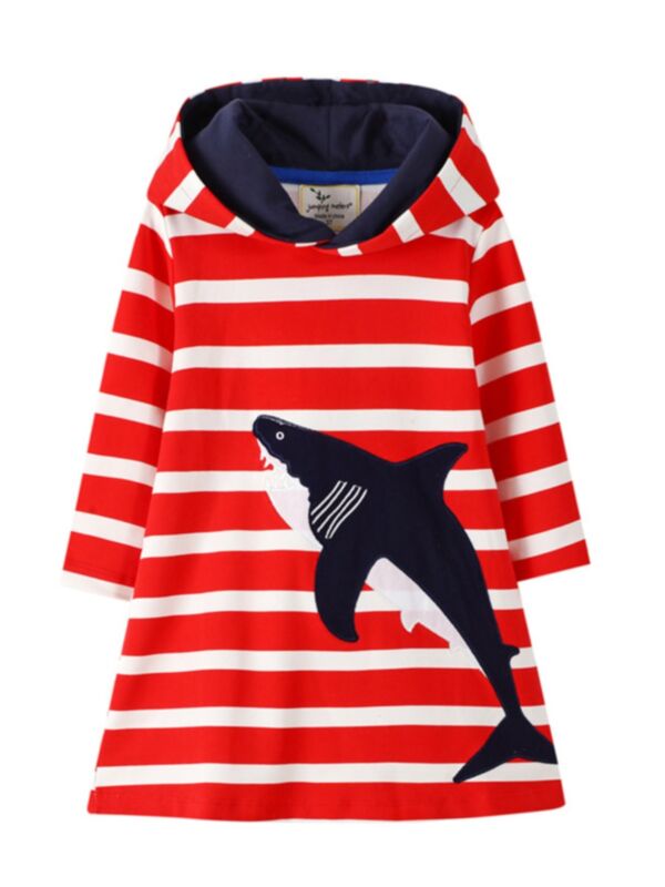 Kid Girl Shark Stripe Hooded Dress
