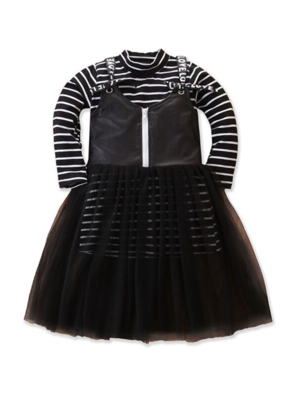 2 Pieces Kid Girl Stripe Top Matching Cami Mesh Dress Set