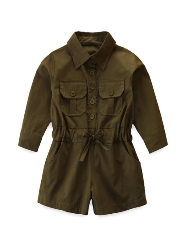 Kid Girl Elastic Wasit Army Cargo Romper