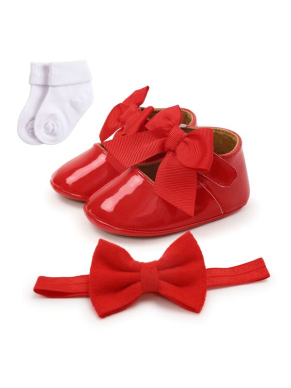 3 Pieces Baby Girl Bow Princess Shoes & Headband & Socks
