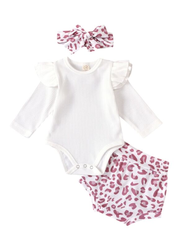 3 Pieces Baby Girl Leopard Set Flutter Sleeve White Bodysuit & Shorts & Headband