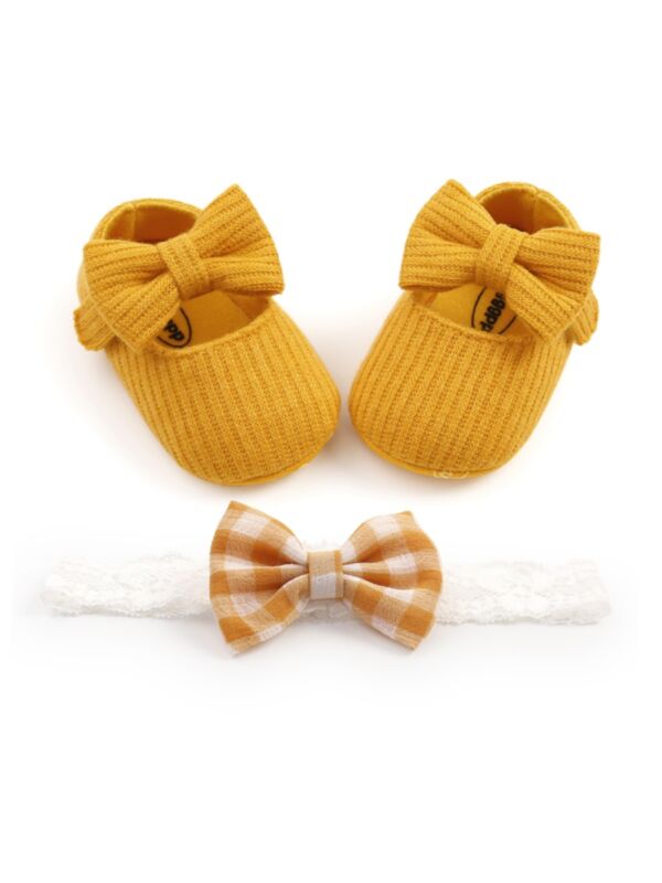 2 Pieces Baby Girl Bowknot First Walker Shoes With Headband