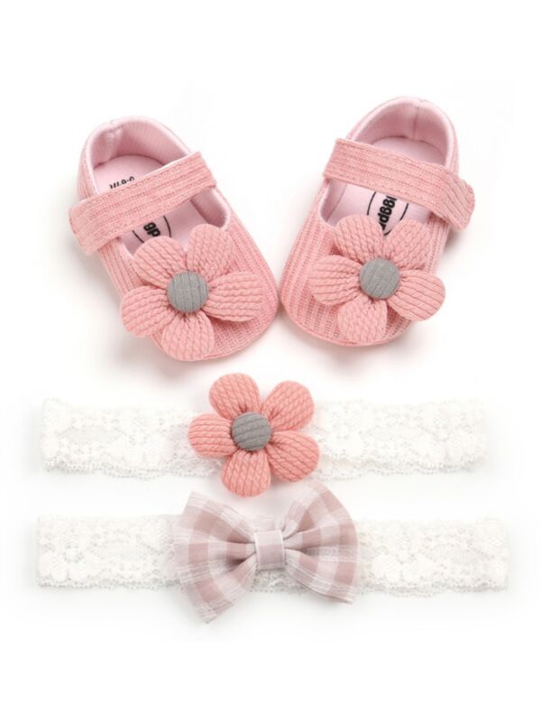 1 Pack Baby Girl Flowers Prewalker Shoes With Headbands