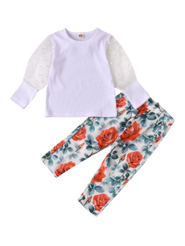2 Pieces Kid Girl Mesh Sleeve Top With Floral Pants Set