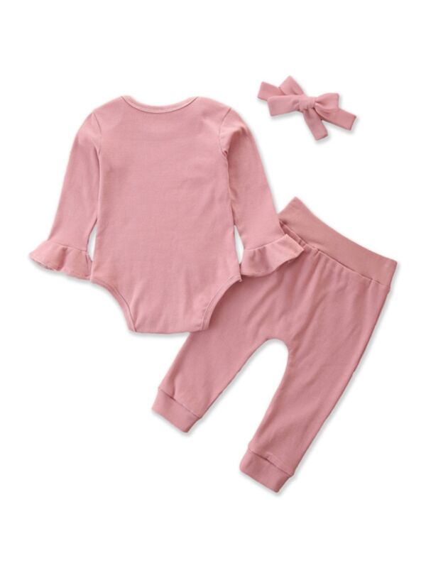 3 Pieces Baby Girl Outfit Flared Sleeve Bodysuit & Trousers & Headband