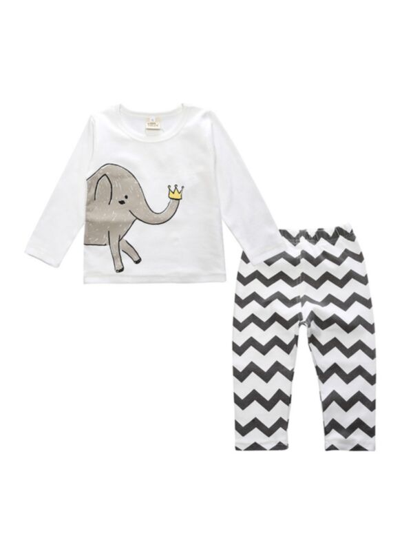 2 Pieces Infant Toddler Boy Set Elephant Top Matching Curve Trousers