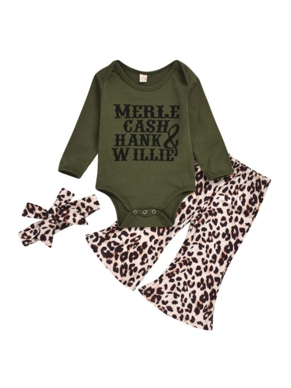3 Pieces Baby Girl Letters Bodysuit & Leopard Flared Pants & Headband