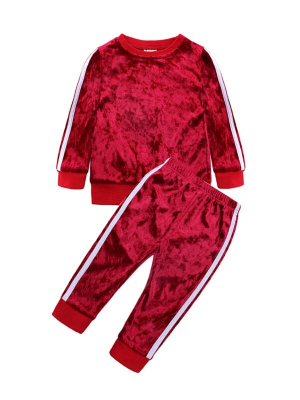 2 Pieces Infant Toddler Side Stripe Velvet Outfit Top And Pants Cute Toddler Girl Clothes Wholesale