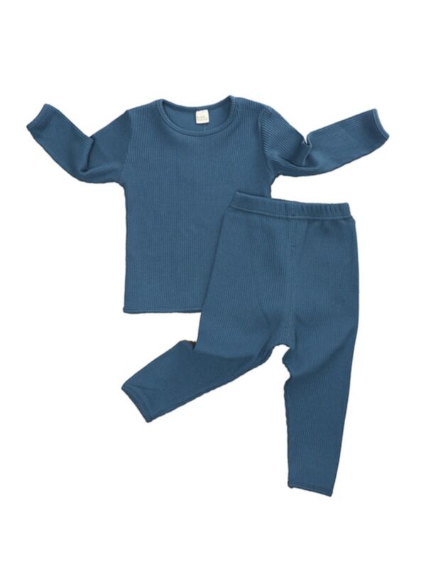 2 Pieces Infant Toddler Ribbed Plain Pajamas Set Top And Pants