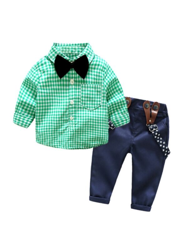 2 Pcs Baby Boy Set Plaid Bowtie Shirt Matching Suspender Pants 