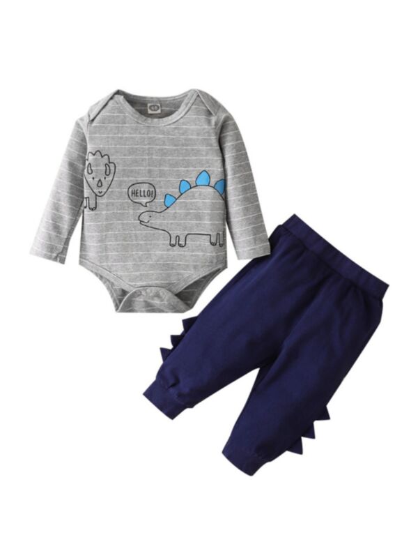 2 Pieces Baby Boy Hello Dinosaur Set Stripe Bodysuit With Trousers