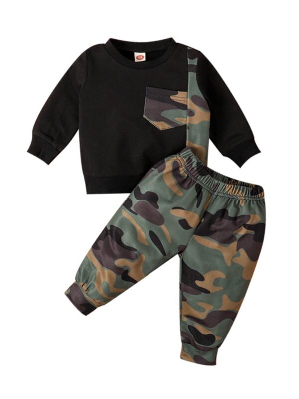 2 Pieces Baby Boy Camouflage Color Blocking Set Top With Trousers