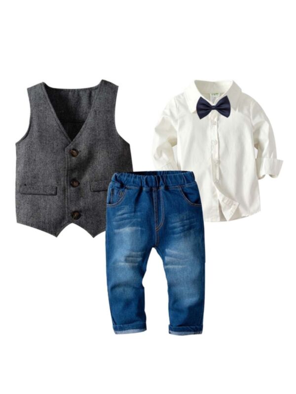 3 Pieces Kid Boy Gentleman Outfit White Bowtie Shirt & Jeans & Vest