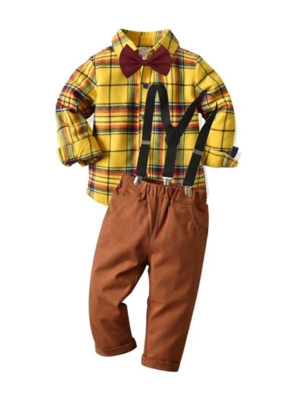 2 Pieces Kid Boy Gentleman Set Plaid Bowtie Shirt Matching Suspender Trousers