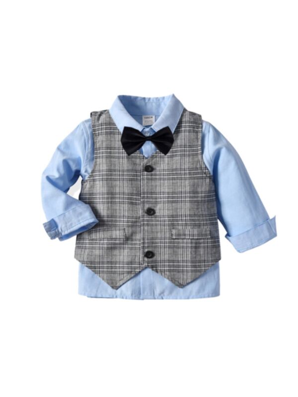 2 Pieces Kid Boy Plain Bowtie Shirt With Plaid Vest