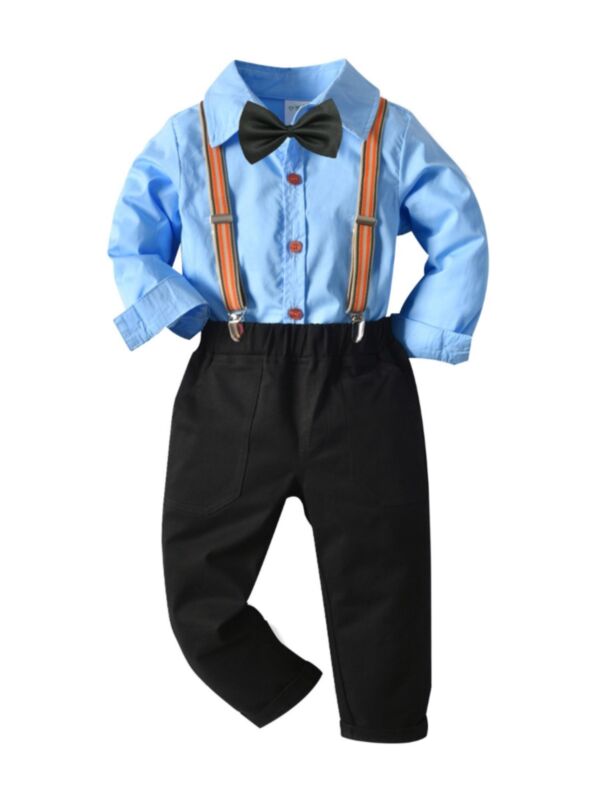 2 Pieces Kid Boy Party Set Bowtie Shirt With Suspender Trousers