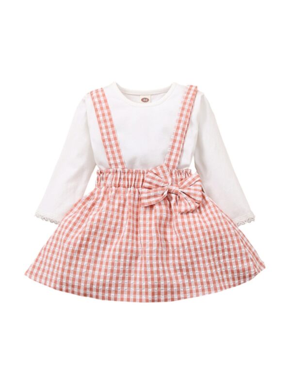 2 Pieces Toddler Girl White Top With Plaid Suspender Skirt Set