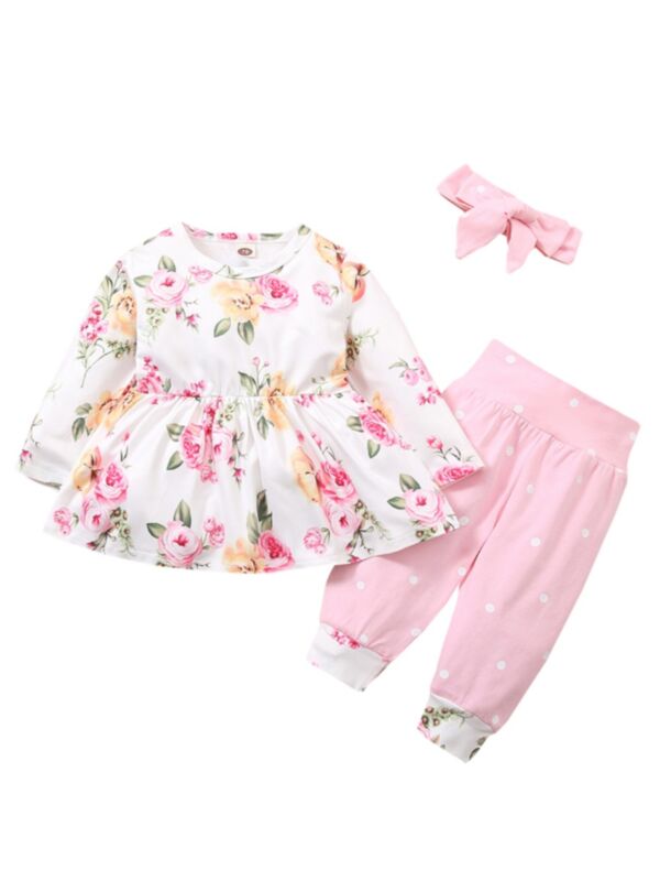 3 Pieces Toddler Girl Floral Set Tunic Top & Polka Dots Trousers & Headband