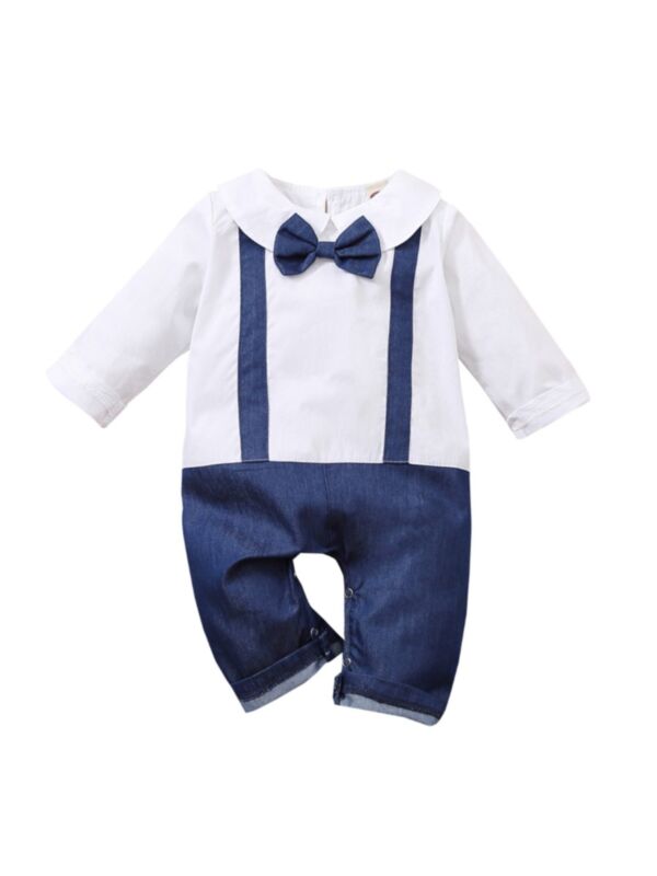 Baby Fake Two Pieces Turndown Collar Bowtie Jumpsuit