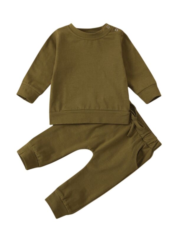 2 Pcs Baby Solid Color Set Top With Belted Trousers