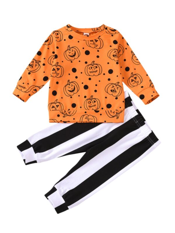2 Pieces Kid Boy Halloween Set Pumpkin Orange Top With Stripe Pants