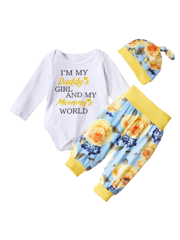 3 Pcs Baby Girl Set Letters Bodysuit & Floral Pants & Hat