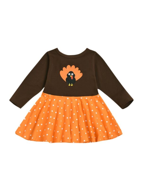 Kid Girl Thanksgiving Turkey Polka Dots Dress brown