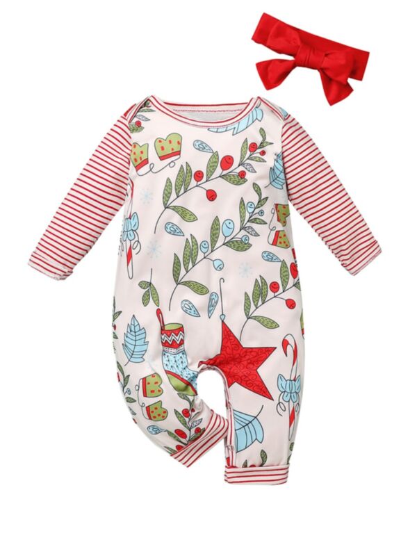 2 Pieces Baby Girl Plant Stripe Jumpsuit & Headband