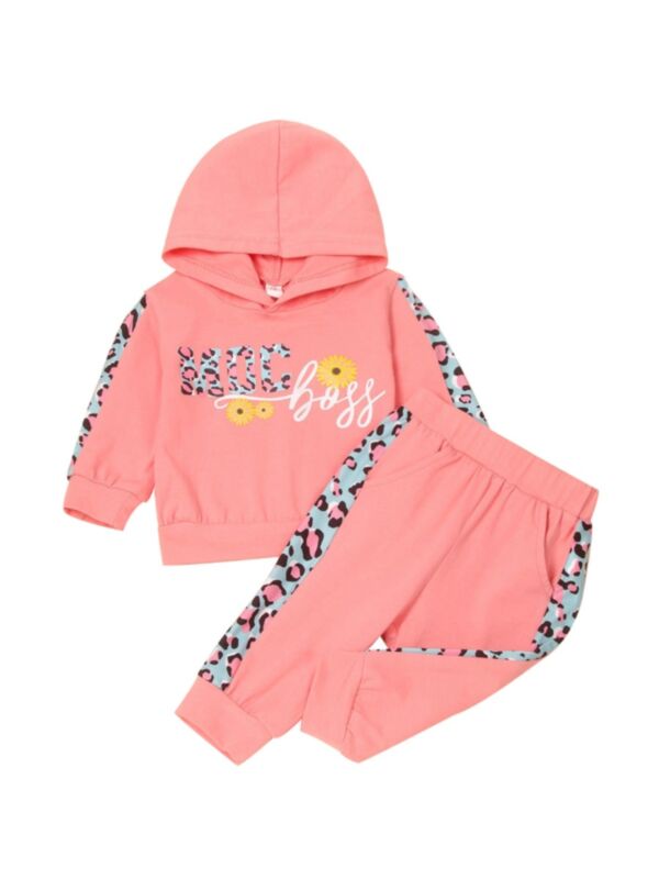 2 Pieces Baby Girl Leopard Set Letters & Flowers Hoodie Matching Pants