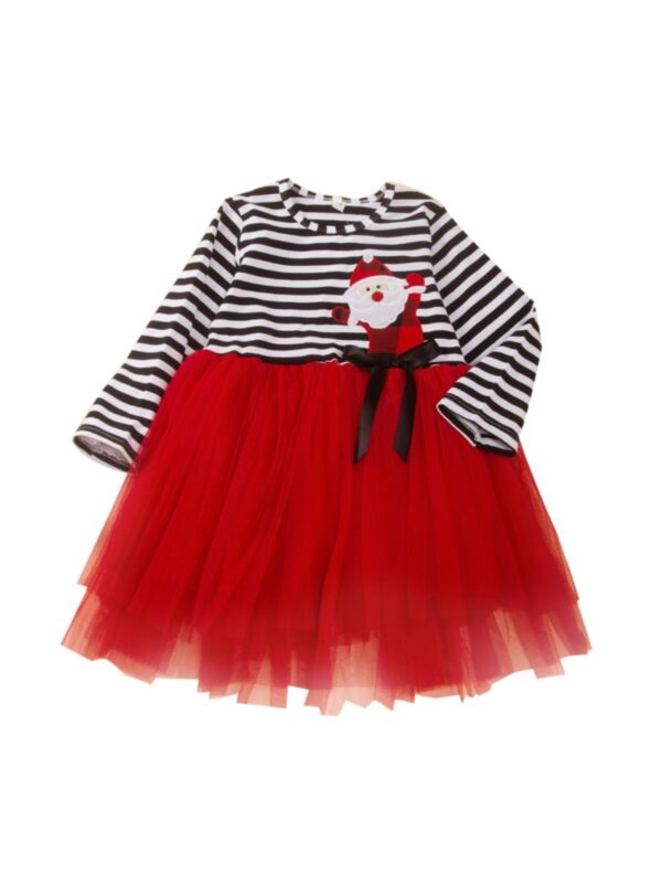 Kid Girl Xmas Stripe Cartoon Mesh Patchwork Dress