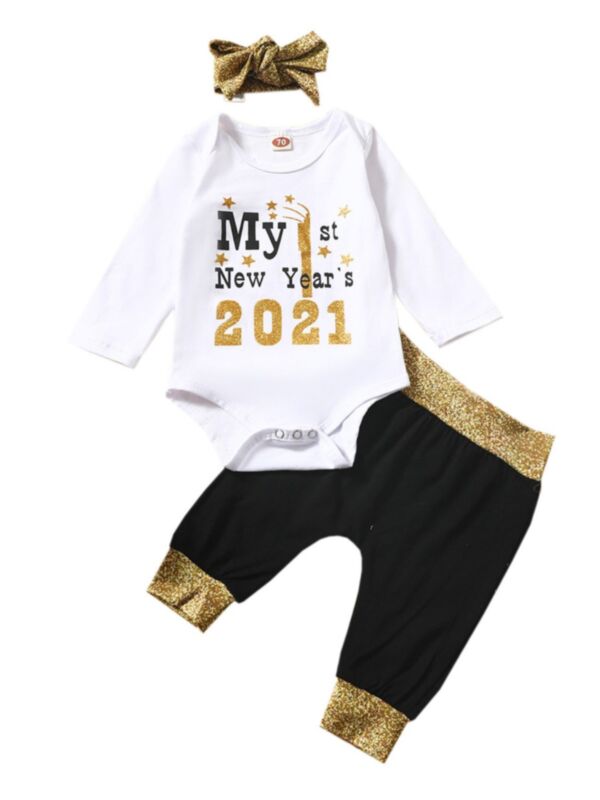 3 Pieces Baby Girl My 1st New Year's 2021 Set Bodysuit & Sequins Trousers & Headband