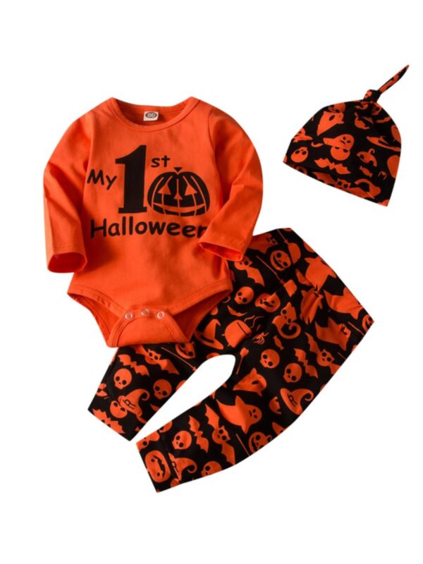 3 Pieces Baby My First Halloween Orange  Outfit Bodysuit & Pants & Hat