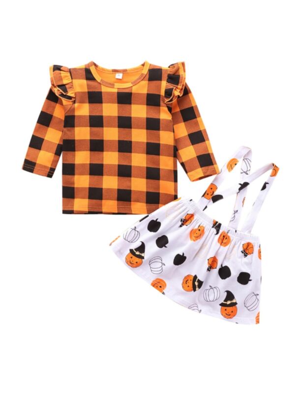 2 Pcs Kid Girl Halloween Set Plaid Top Matching Pumpkin Suspender Skirt