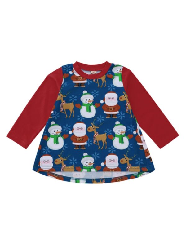 Kid Girl Christmas Snowman Deer Color Blocking Dress