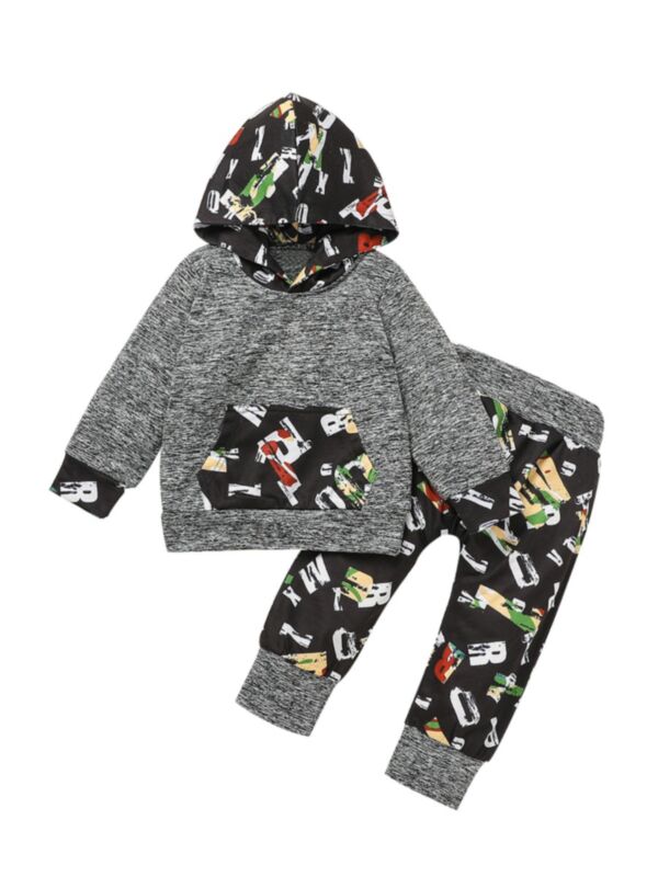 2 Pieces Kid Boy Letters Color Blocking Grey Outfit Hoodie With Trousers