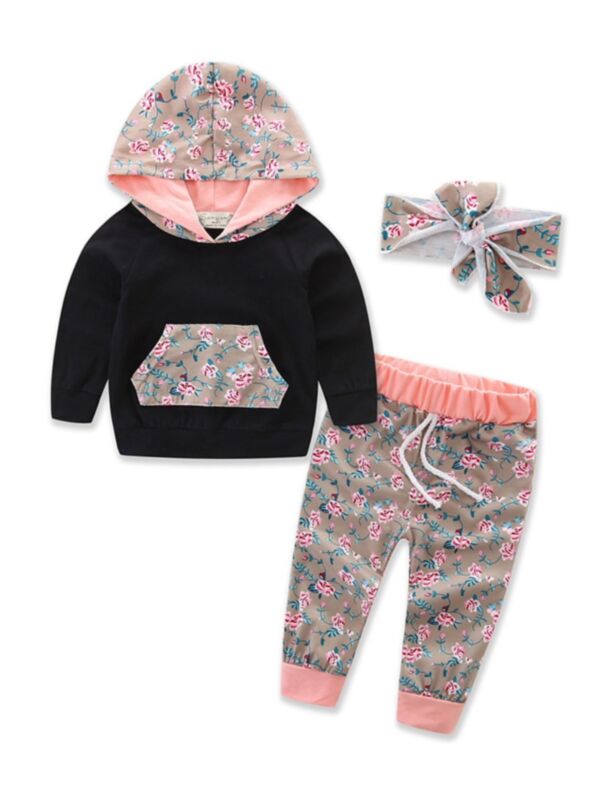 3 Pieces Baby Girl Floral Outfit Kangaroo Pocket Hoodie Sweatshirt & Pants & Headband