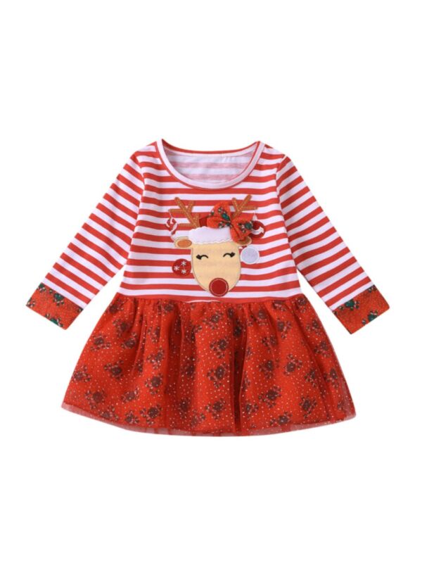 Infant Girl Christmas Deer Stripe Mesh Dress