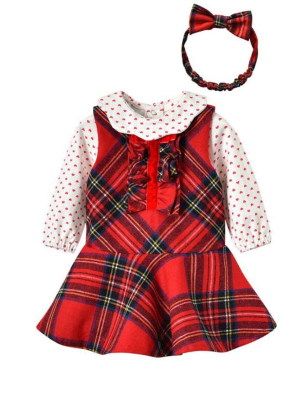 2 Pieces Kid Girl Set Love Heart Top & Plaid Tank Dress & Headband