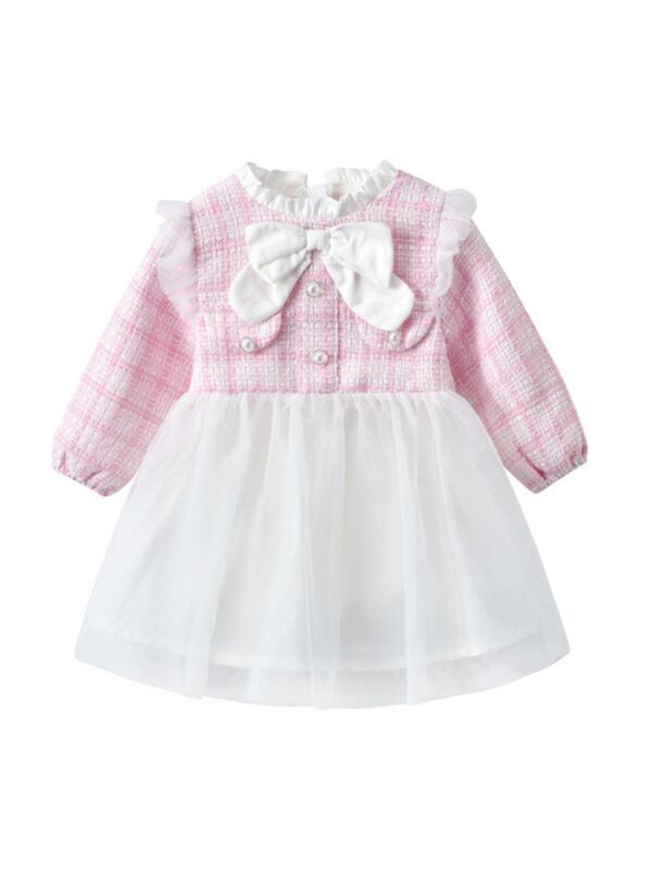 Infant Toddler Girl Plaid Beaded Patchwork Mesh Pink Dress